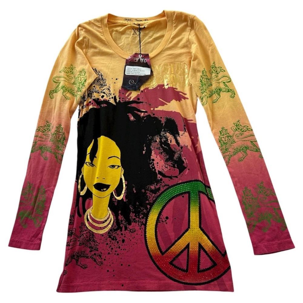 Y2K Christian Audigier Jamaica Peace Long Sleeve Shirt Size XS Crystal Rock